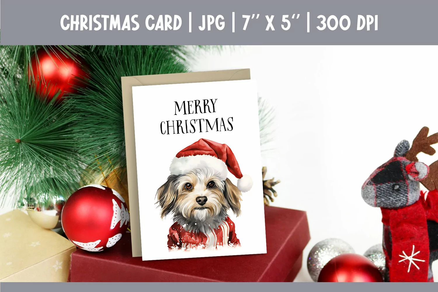 Merry Christmas Card Design Printable | Watercolor Dog PNG product image 1