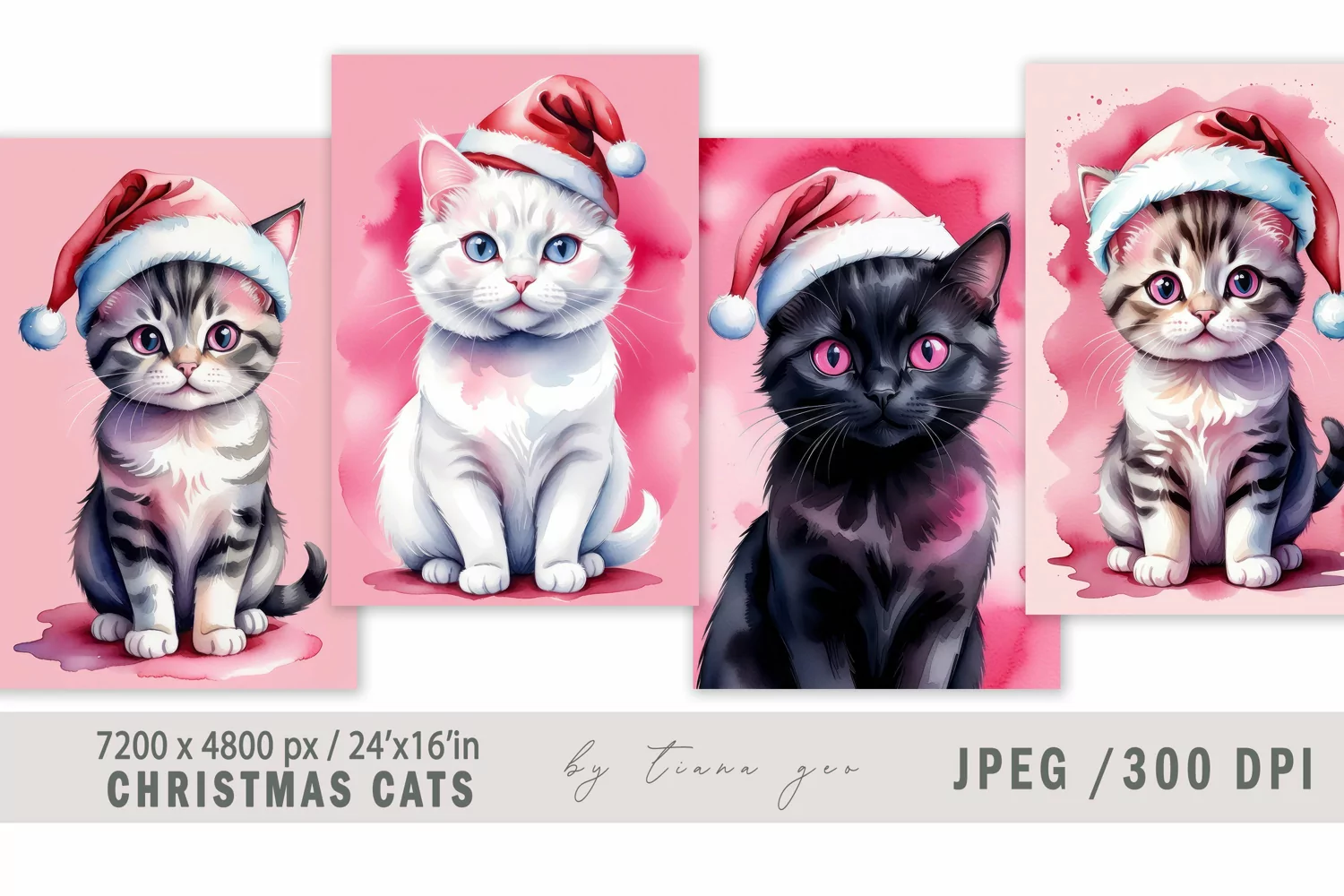 Christmas watercolor cat illustrations for prints - 4 Jpeg product image 1