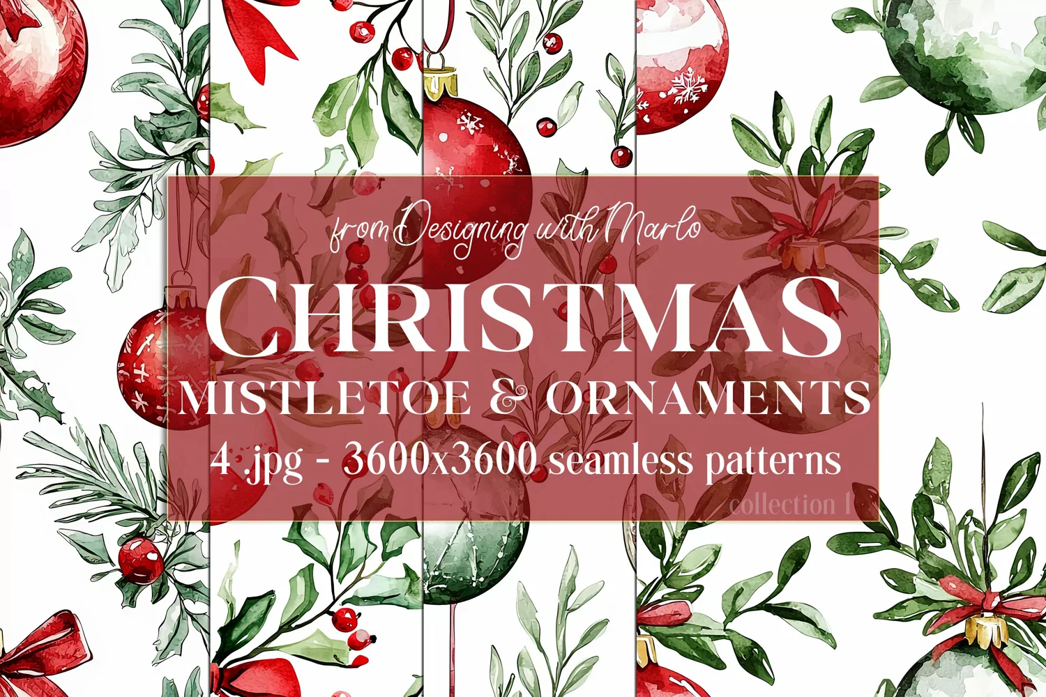 Christmas Patterns, Watercolor Mistletoe and Ornaments, s1 product image 1