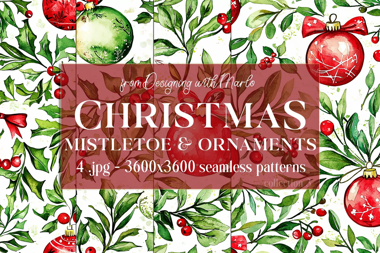Christmas Patterns, Watercolor Mistletoe and Ornaments, s3 product image 1