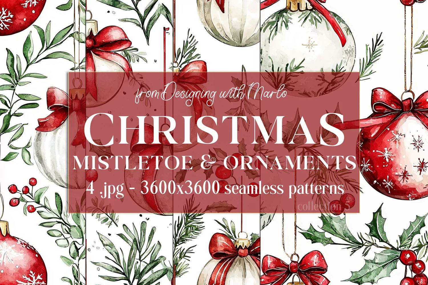 Christmas Patterns, Watercolor Mistletoe and Ornaments, s5 product image 1