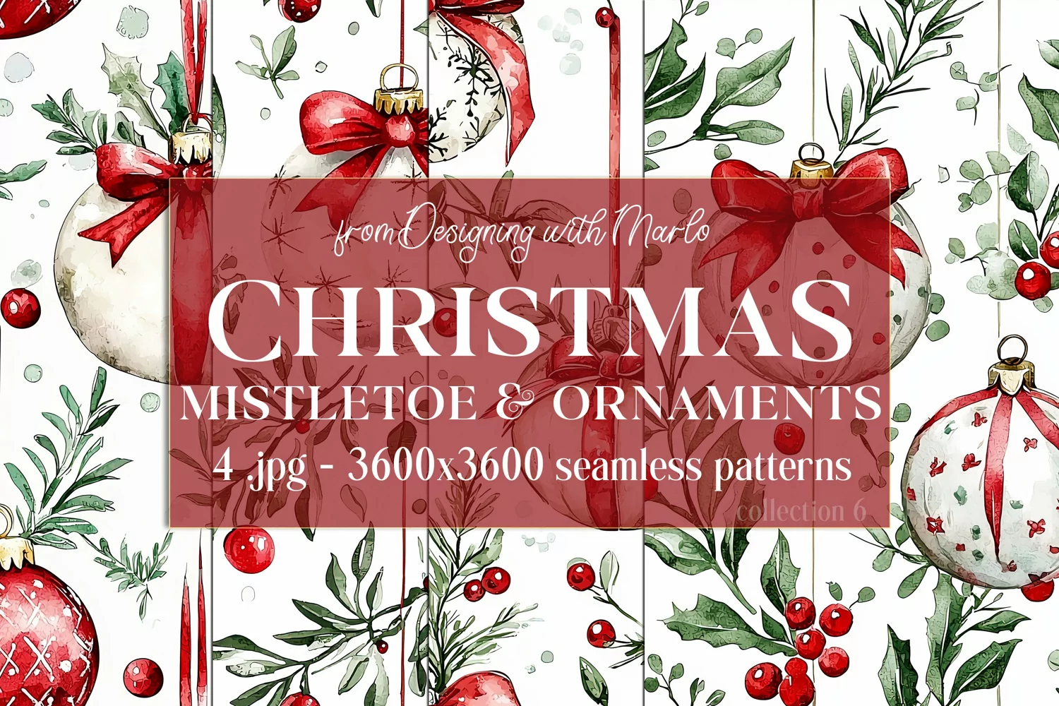 Christmas Patterns, Watercolor Mistletoe and Ornaments, s6 product image 1