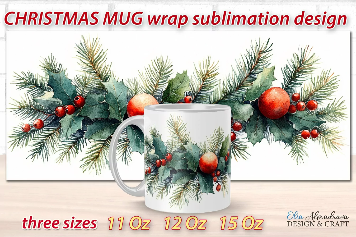 Beautiful festive Christmas wrap design for sublimation on 11Oz, 12Oz and 15Oz MUGS with cute watercolor patterns. Cricut mug hot press