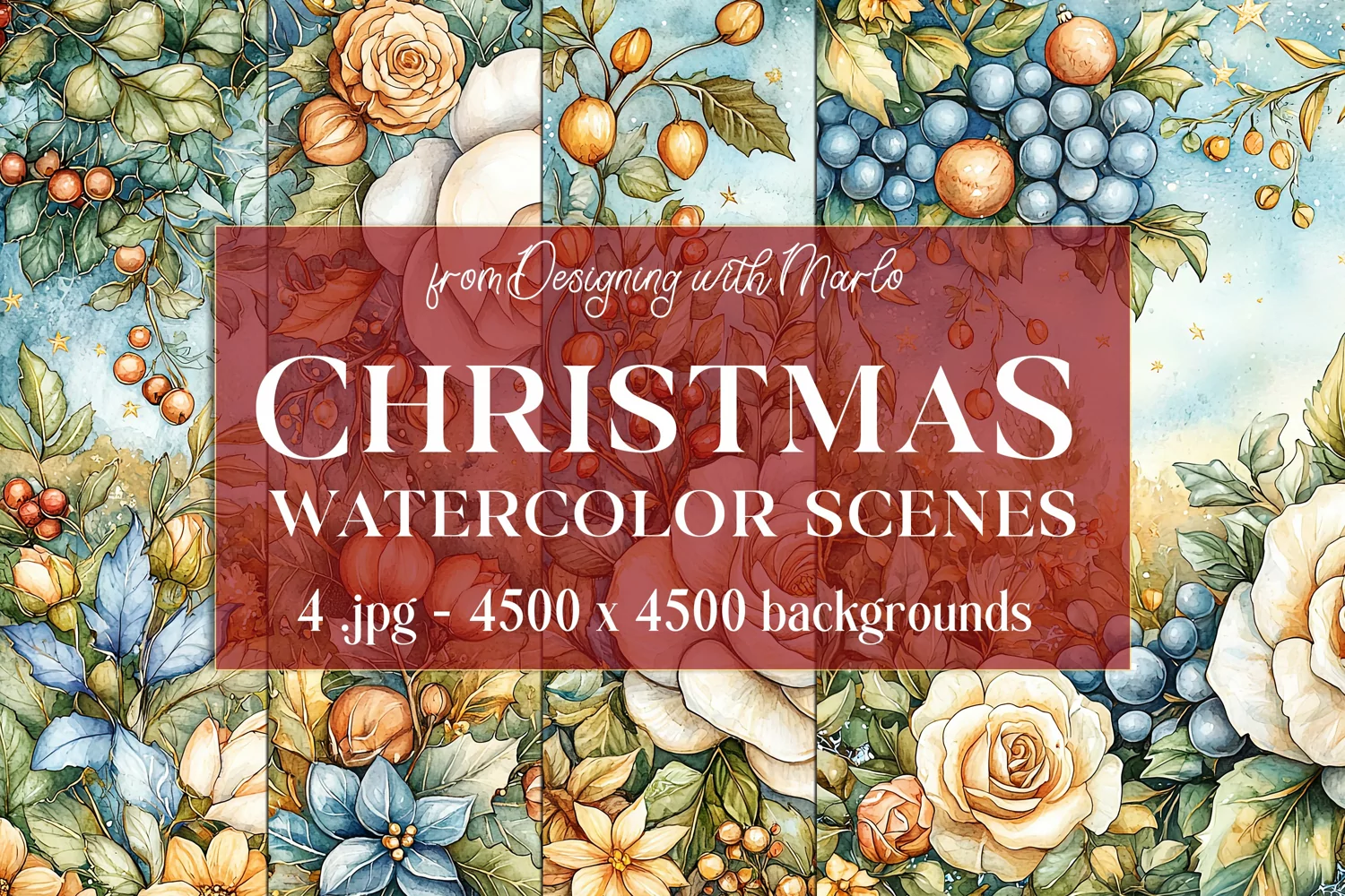 Christmas Backgrounds, Watercolor 15x15 Holiday Scenes, s10 product image 1
