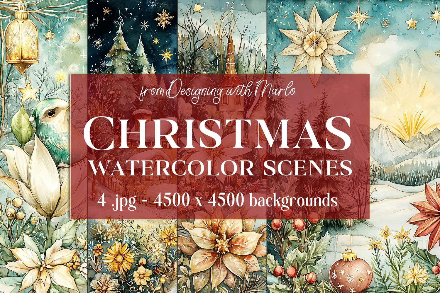 Christmas Backgrounds, Watercolor 15x15 Holiday Scenes, s12 product image 1