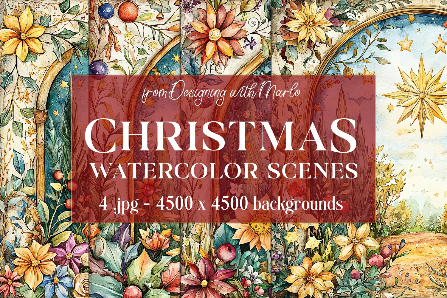 Christmas Backgrounds, Watercolor 15x15 Holiday Scenes, s14 product image 1