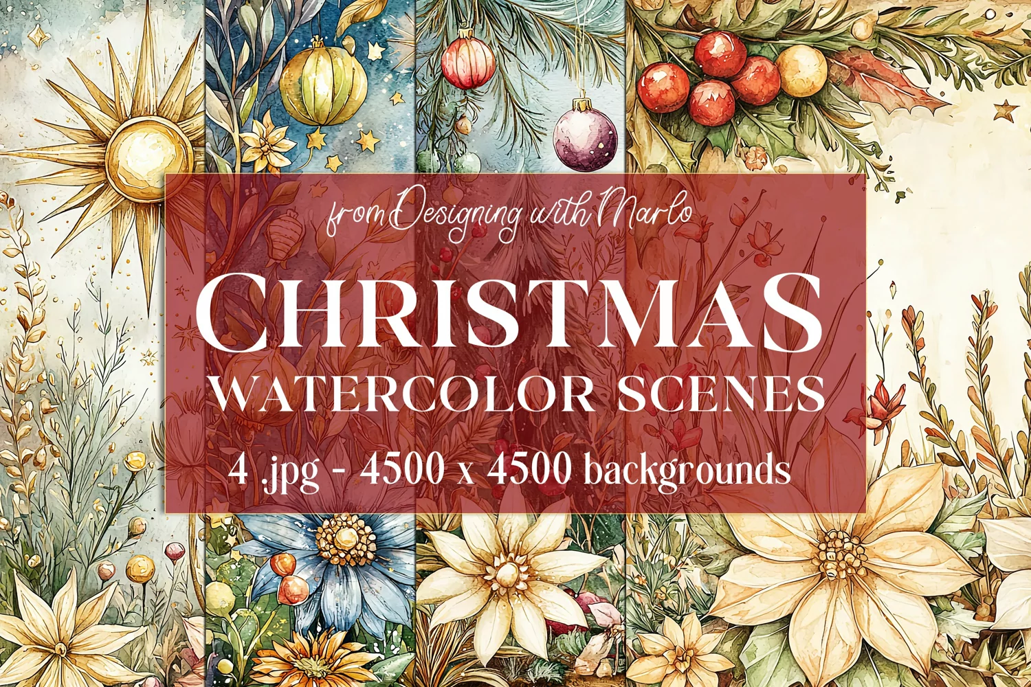 Christmas Backgrounds, Watercolor 15x15 Holiday Scenes, s26 product image 1