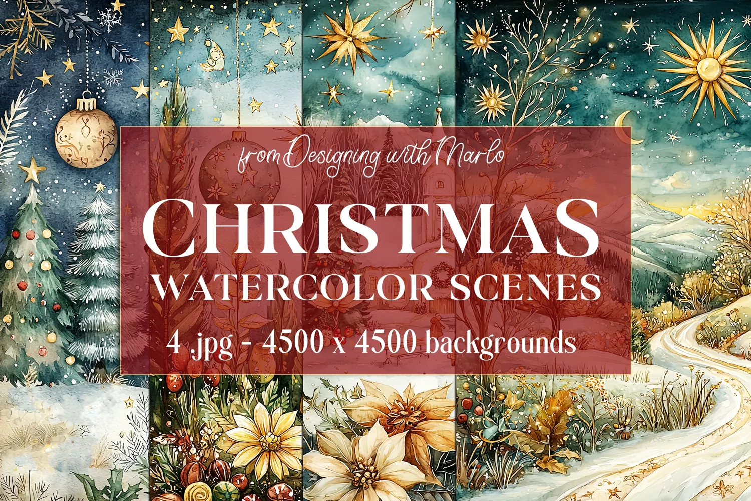 Christmas Backgrounds, Watercolor 15x15 Holiday Scenes, s29 product image 1