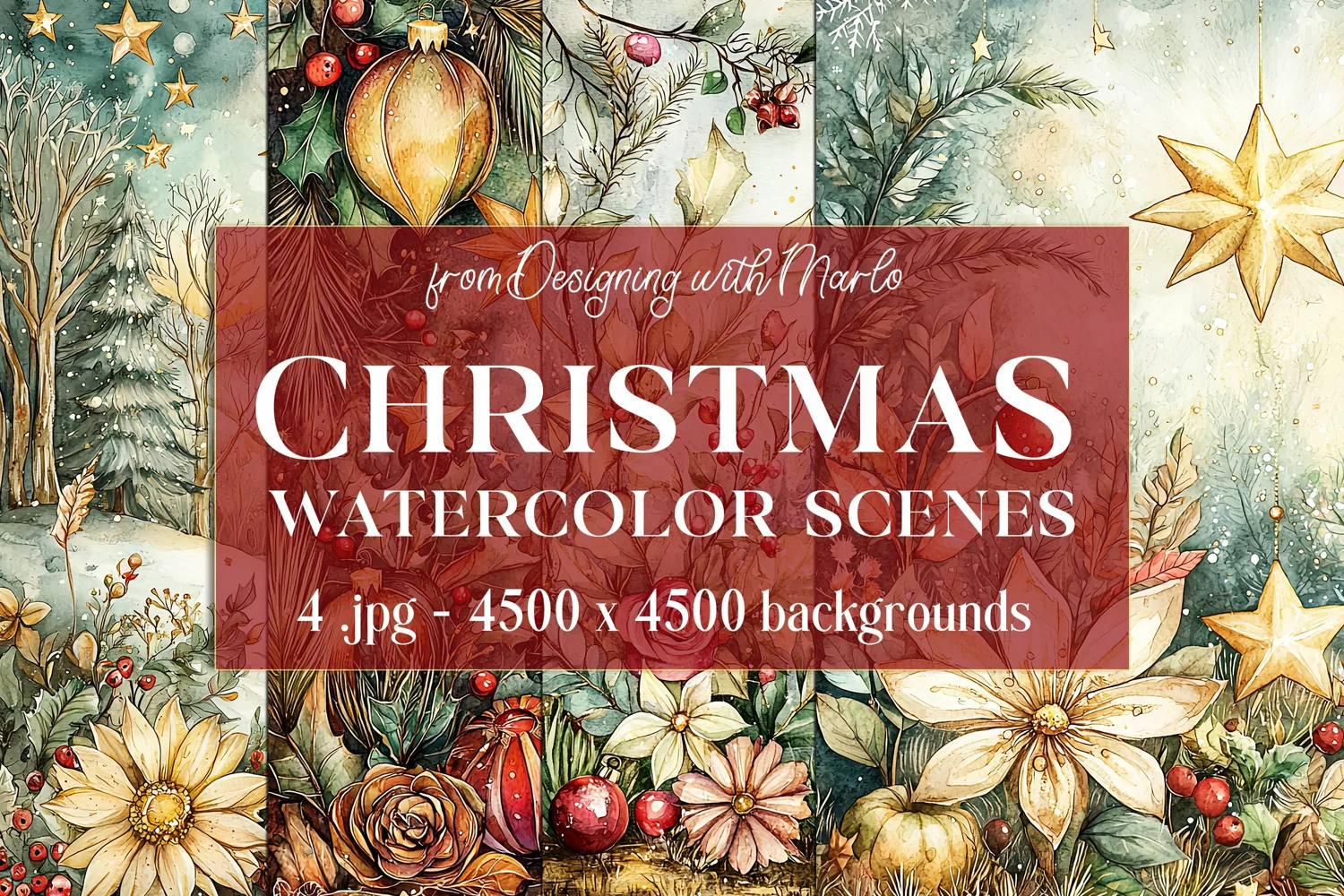 Christmas Backgrounds, Watercolor 15x15 Holiday Scenes, s36 product image 1
