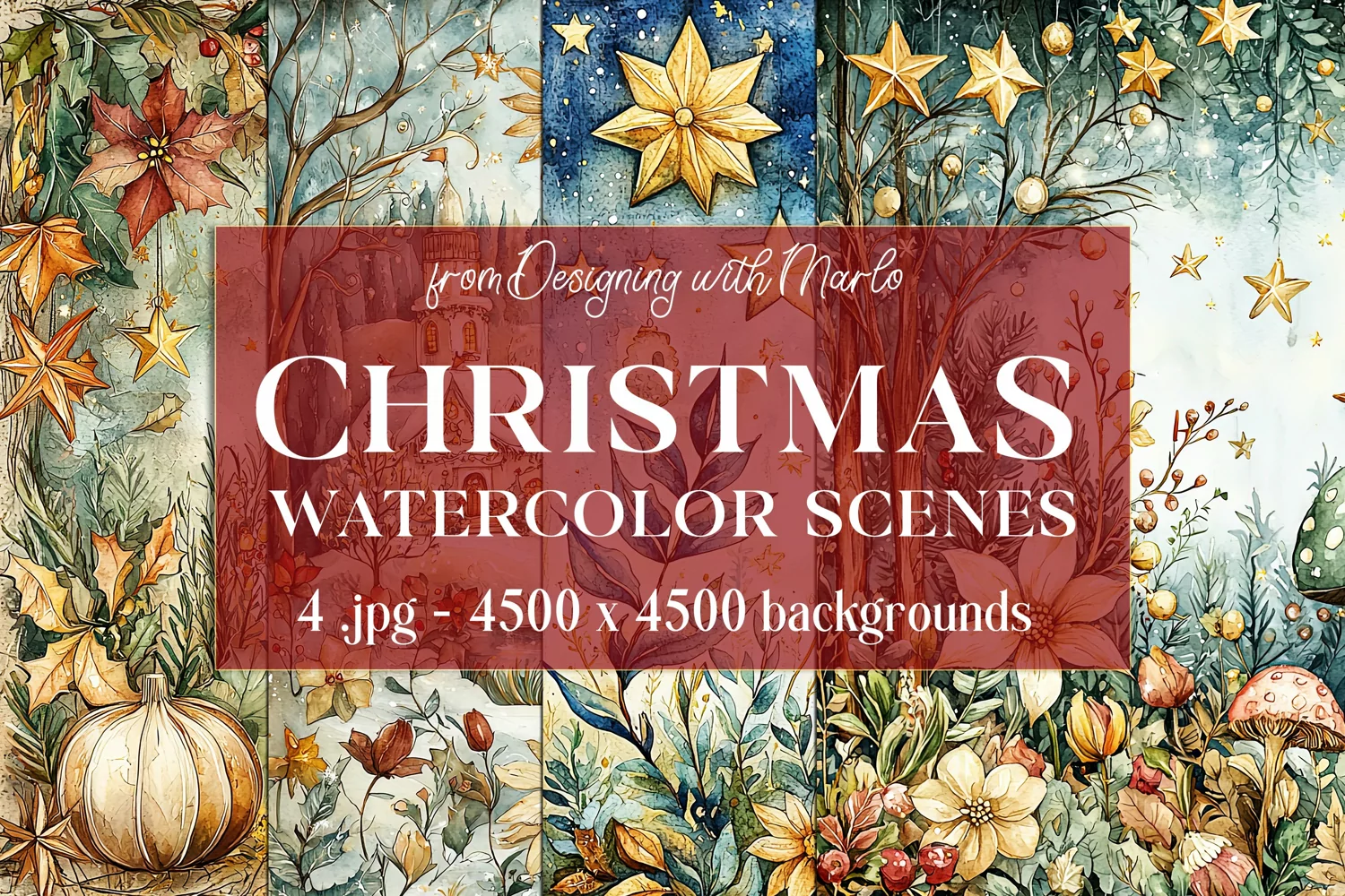 Christmas Backgrounds, Watercolor 15x15 Holiday Scenes, s37 product image 1