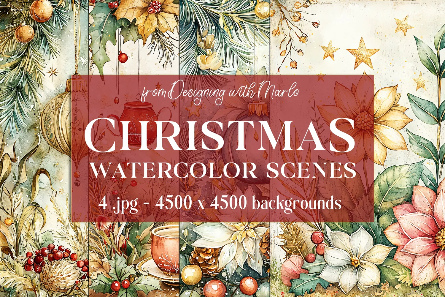 Christmas Backgrounds, Watercolor 15x15 Holiday Scenes, s39 product image 1