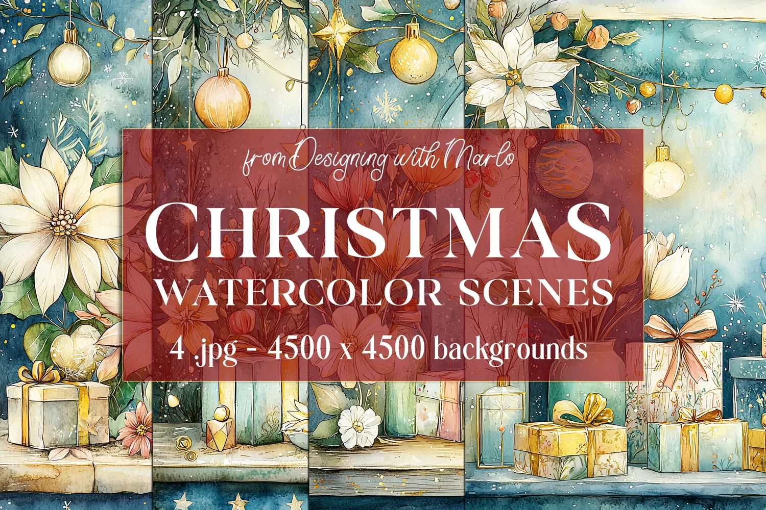 Christmas Backgrounds, Watercolor 15x15 Holiday Scenes, s48 product image 1