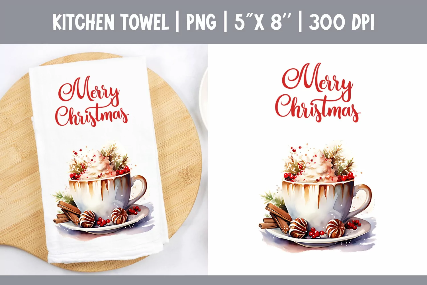 Christmas Kitchen Towel Sublimation Design | Hot Cocoa product image 1