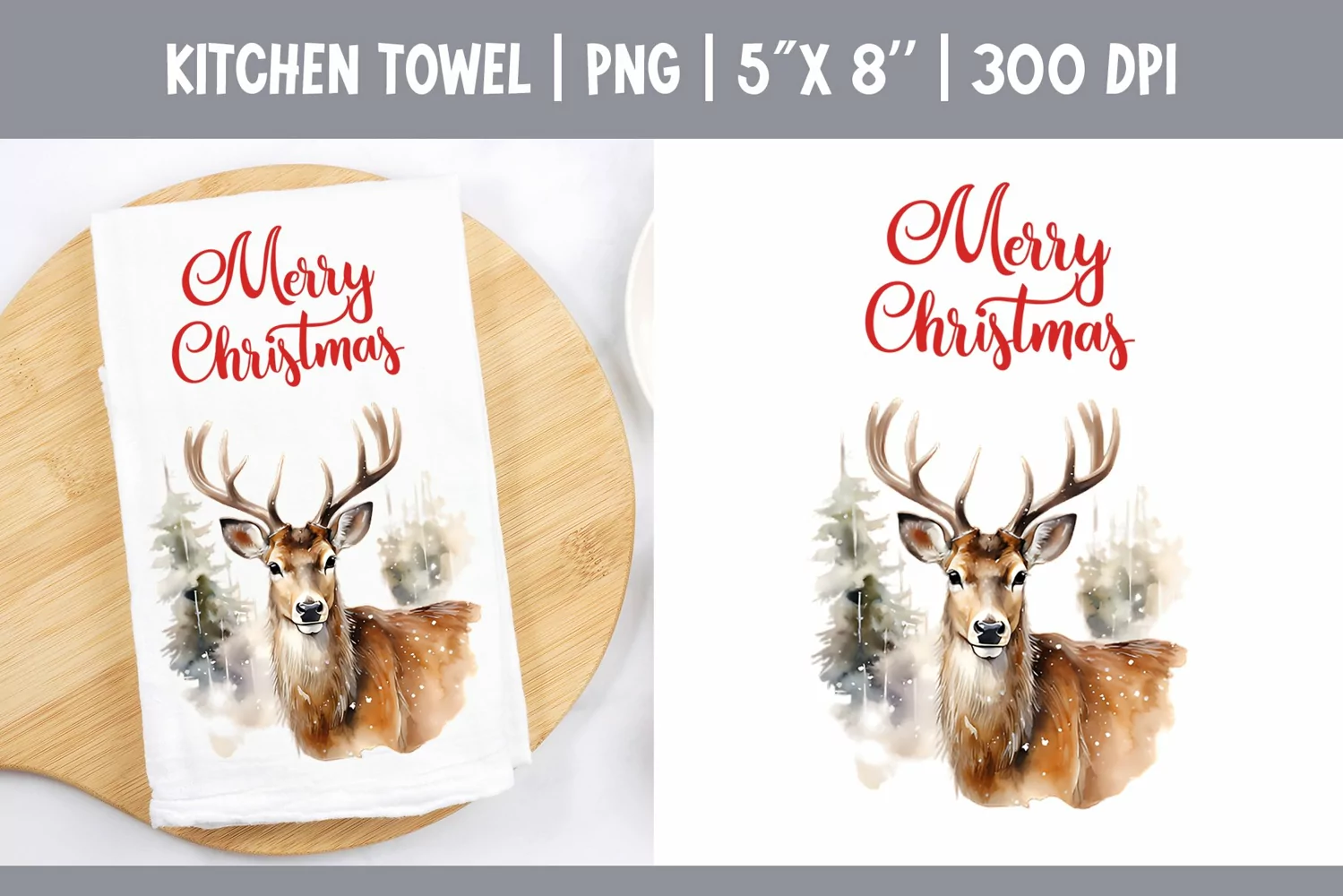 Christmas Kitchen Towel Sublimation Design | Watercolor Deer product image 1