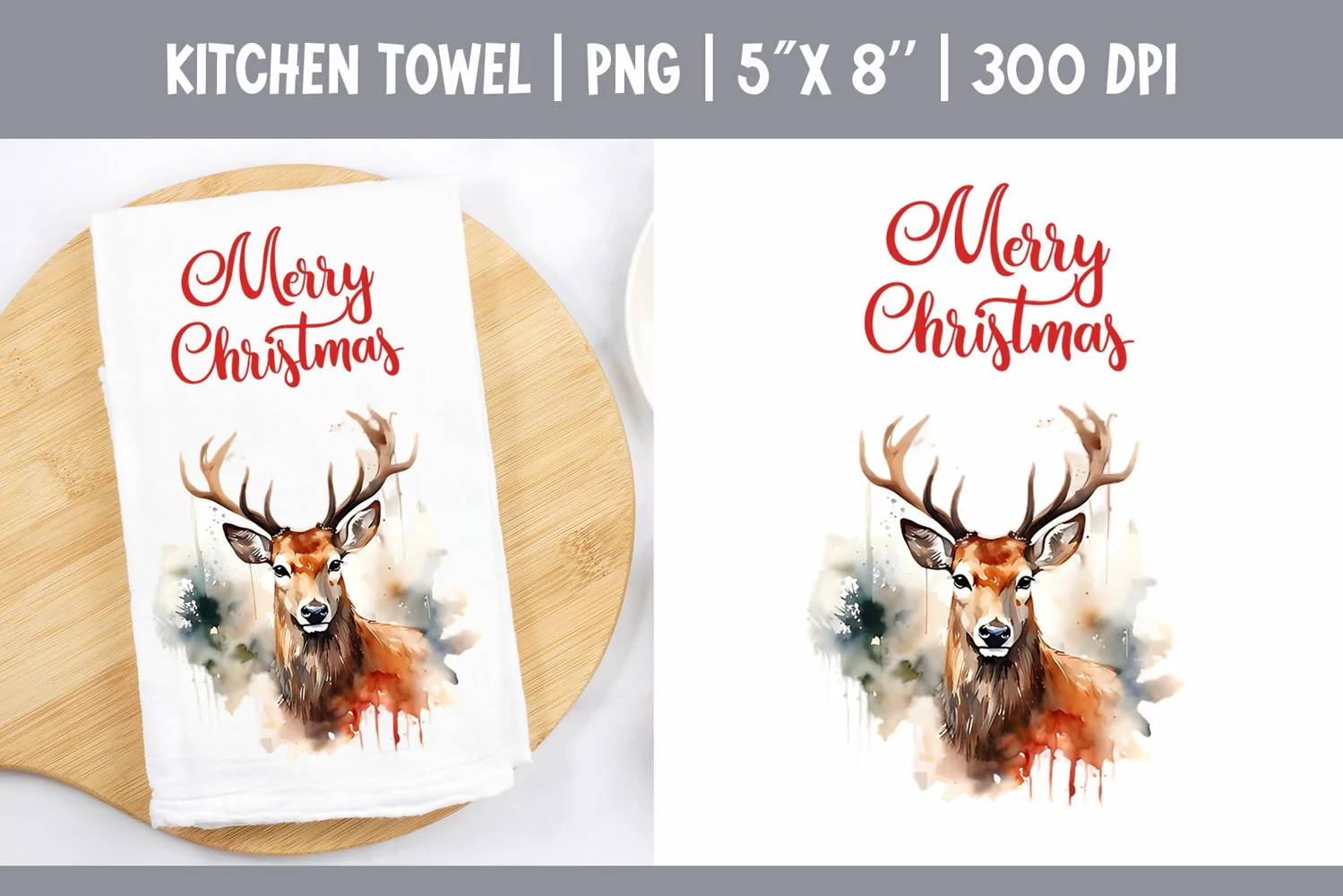 Christmas Kitchen Towel Sublimation Design | Watercolor Deer product image 1