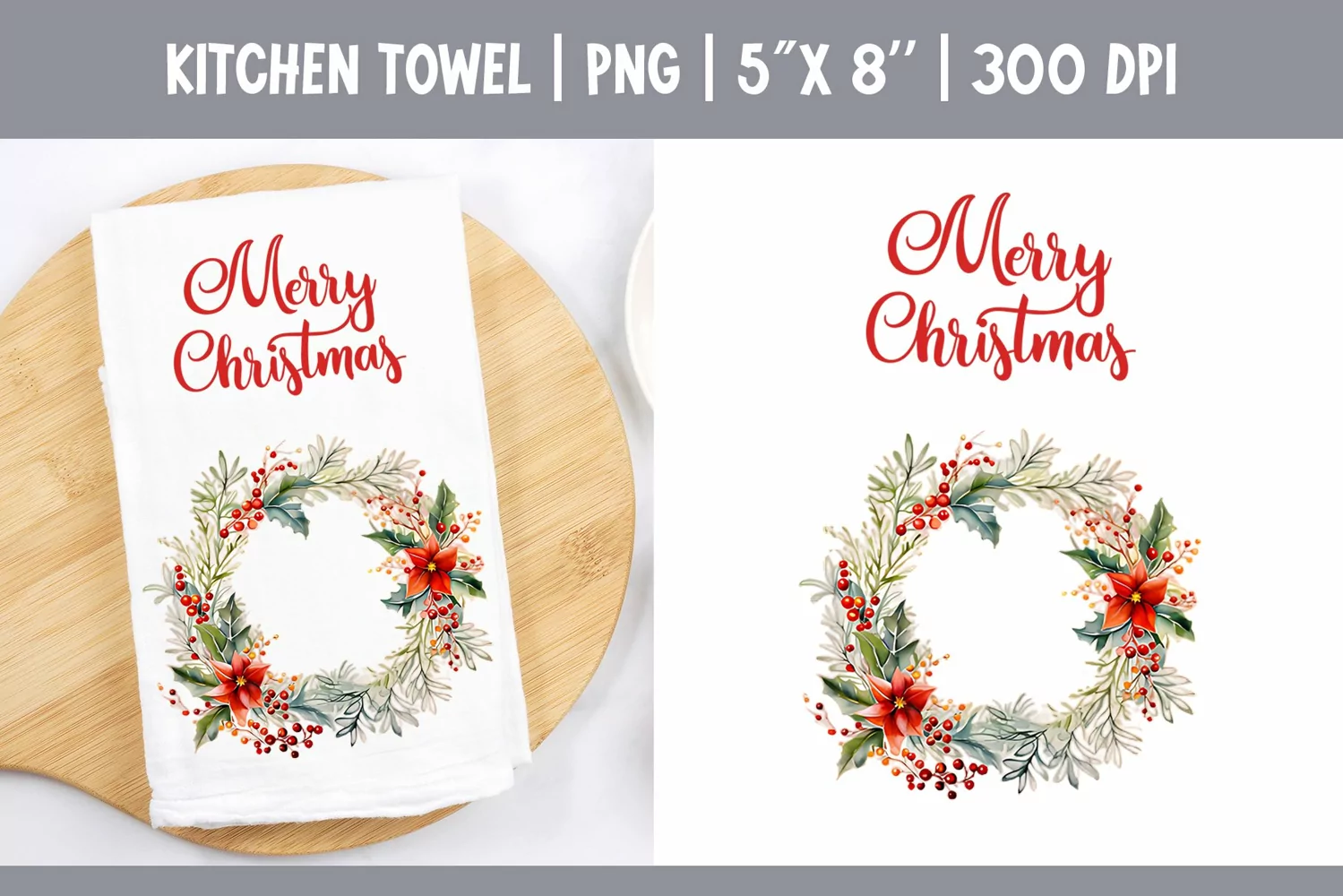 Christmas Kitchen Towel Sublimation Design | Wreath PNG product image 1