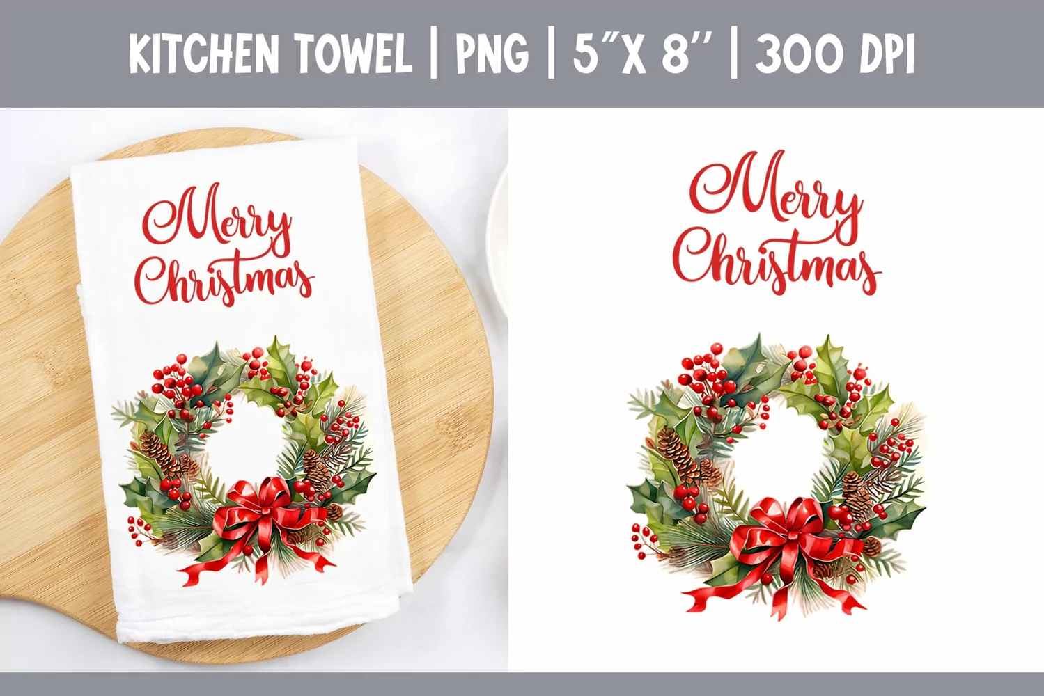 Christmas Kitchen Towel Sublimation Design | Wreath PNG product image 1