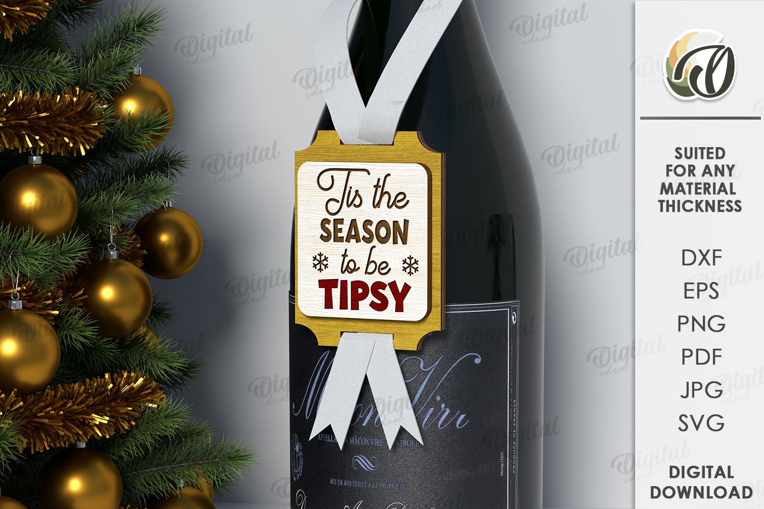 Christmas Wine Bottle Tag Laser Cut. Gift Tag SVG product image 1