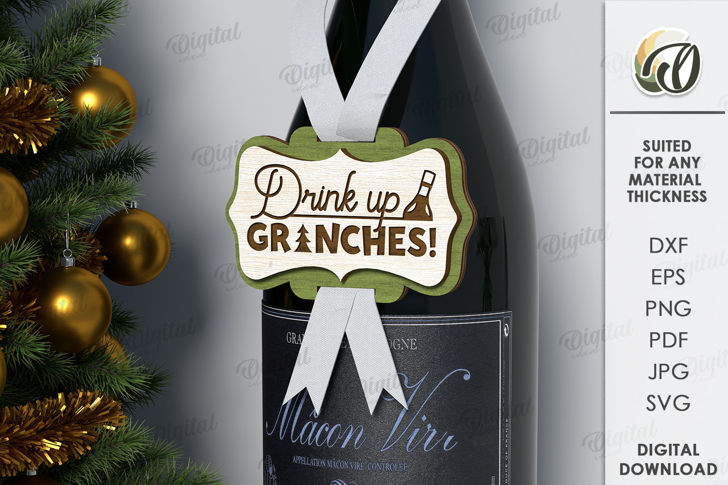 Christmas Wine Bottle Tag Laser Cut. Gift Tag SVG product image 1