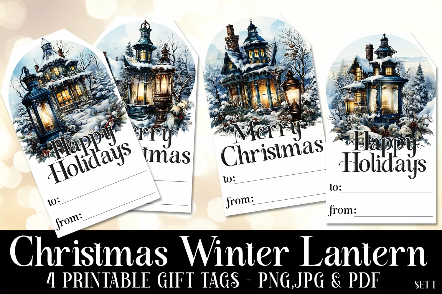 Christmas Elegant Lanterns Gift Tags & Sheet, Printable s1 product image 1