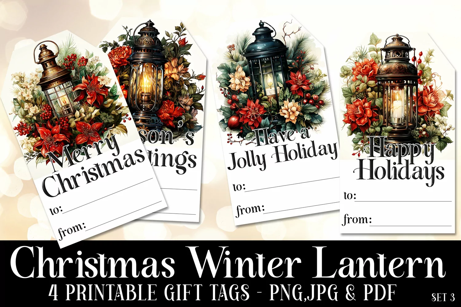 Christmas Elegant Lanterns Gift Tags & Sheet, Printable s3 product image 1