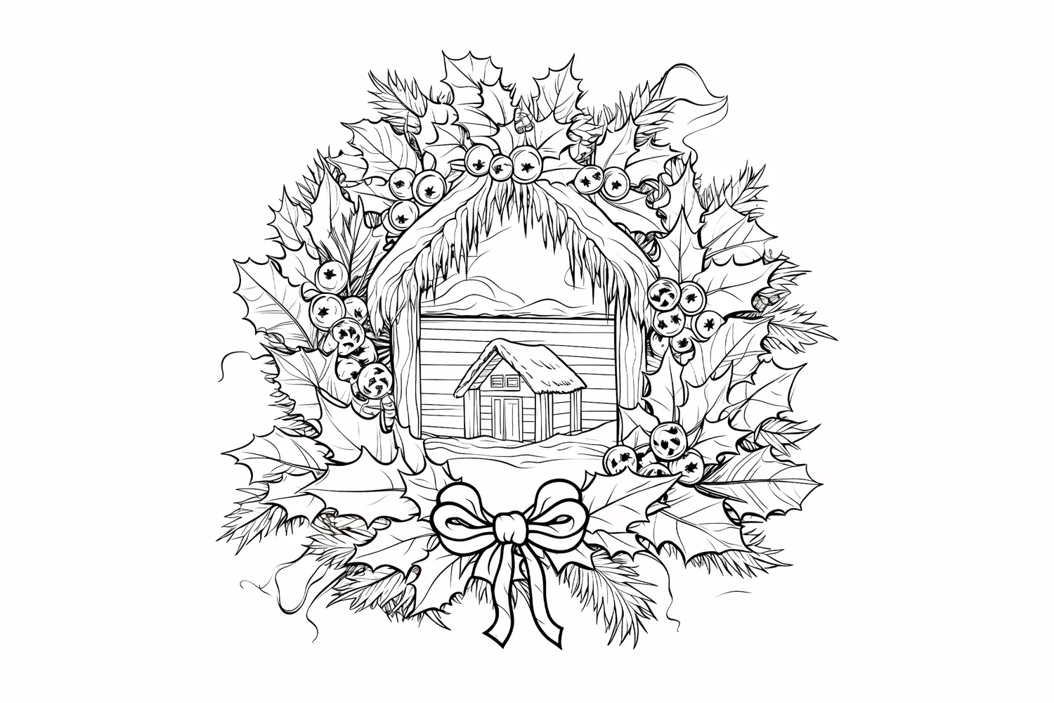 Festive Christmas Wreath Coloring Page. Christmas Wreath PNG product image 1