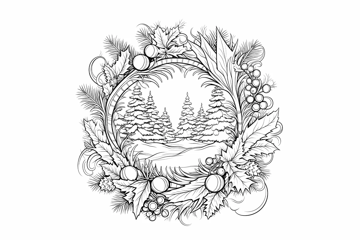 Festive Christmas Wreath Coloring Page. Christmas Wreath PNG product image 1