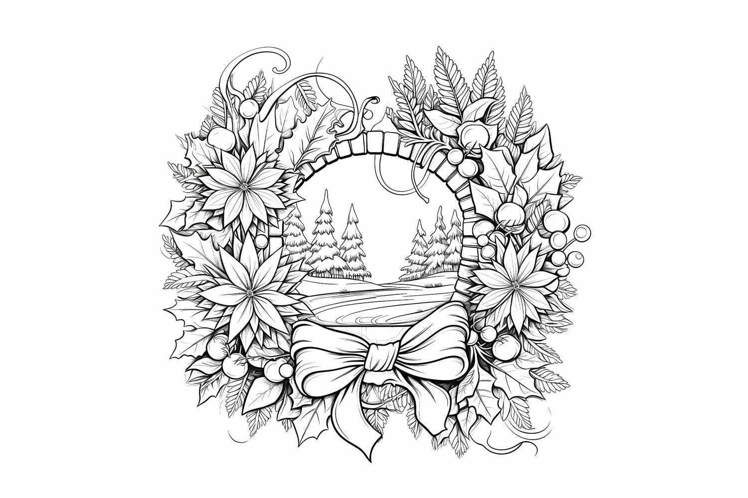 Festive Christmas Wreath Coloring Page. Christmas Wreath PNG product image 1