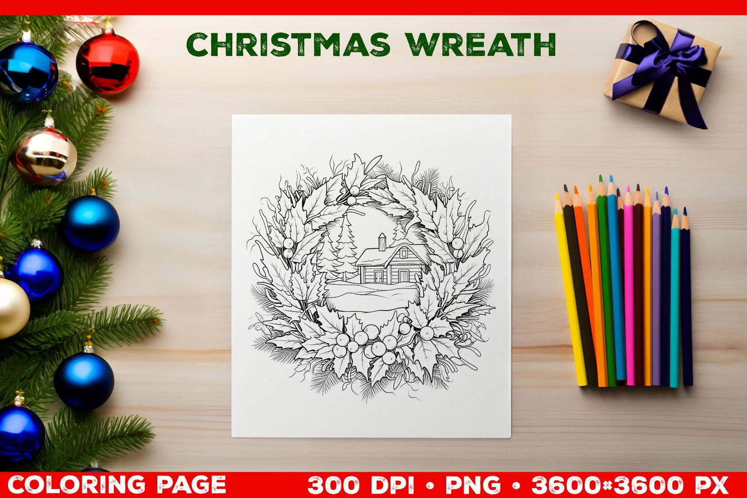 Festive Christmas Wreath Coloring Page. Christmas Wreath PNG product image 1