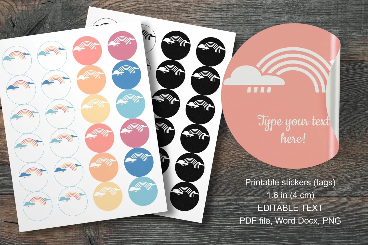 Clouds and Rainbow Printable Small Round Labels 24 per Paper
