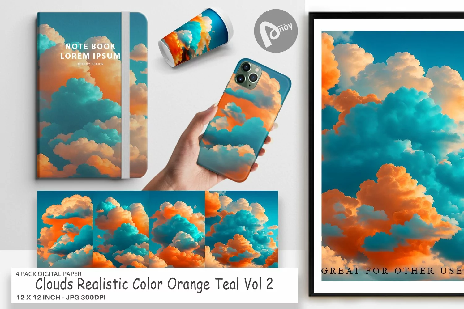 Digital Paper Clouds Realistic Orange Teal product image 1