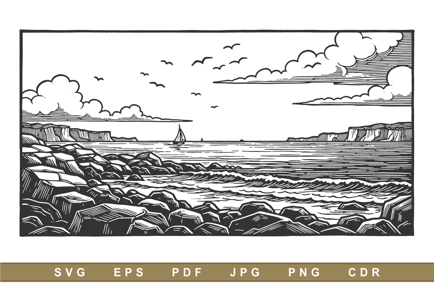 Coastal cliffs meet rocky shores under cloudy skies product image 1