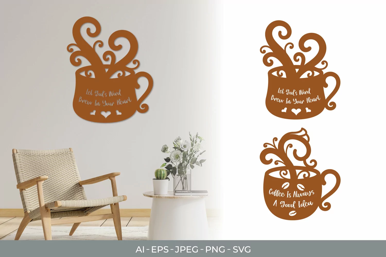 Coffee Quotes on Cups with Curly Wisps of Steam Set product image 1