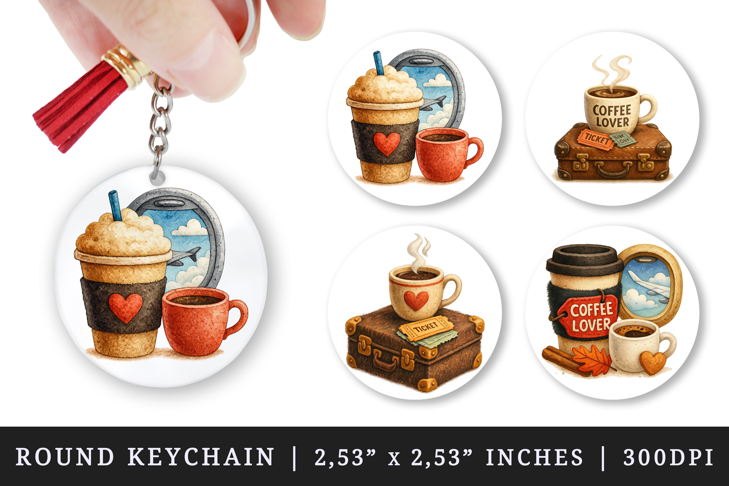Coffee Lover round keychain pintable sublimation design png product image 1