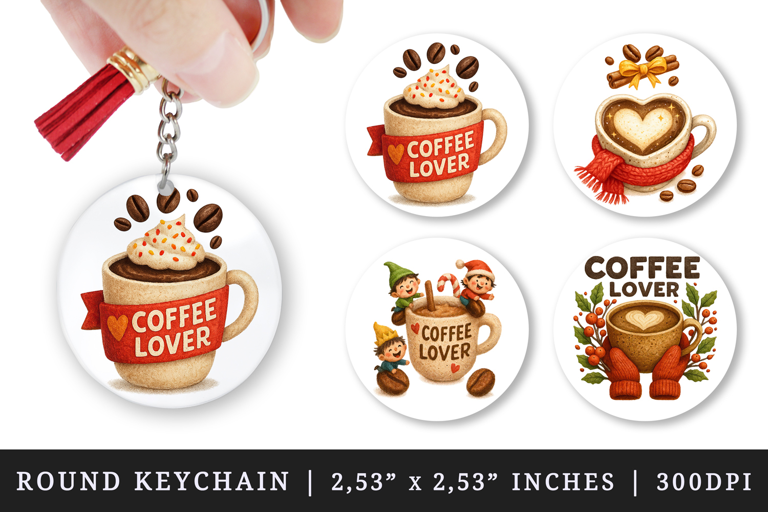 Coffee Lover round keychain pintable sublimation design png product image 1