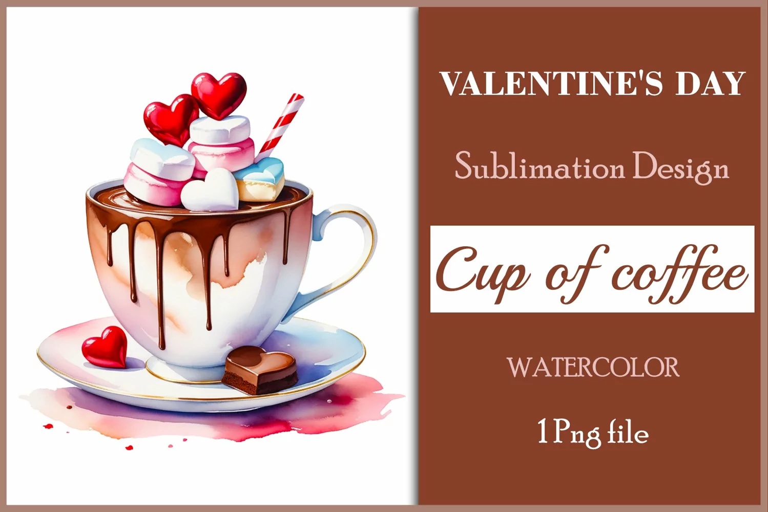 Watercolor clipart valentines day coffee mug or chocolate with hearts  on clear background. Romantic and flavorful illustration. High resolution and perfect quality for printing and sublimation.