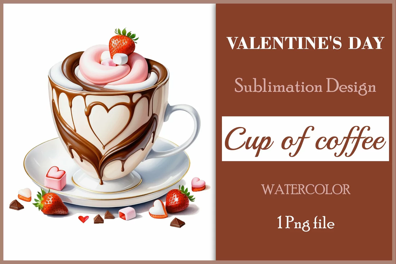 Watercolor clipart valentines day coffee mug or chocolate with hearts  on clear background. Romantic and flavorful illustration. High resolution and perfect quality for printing and sublimation.