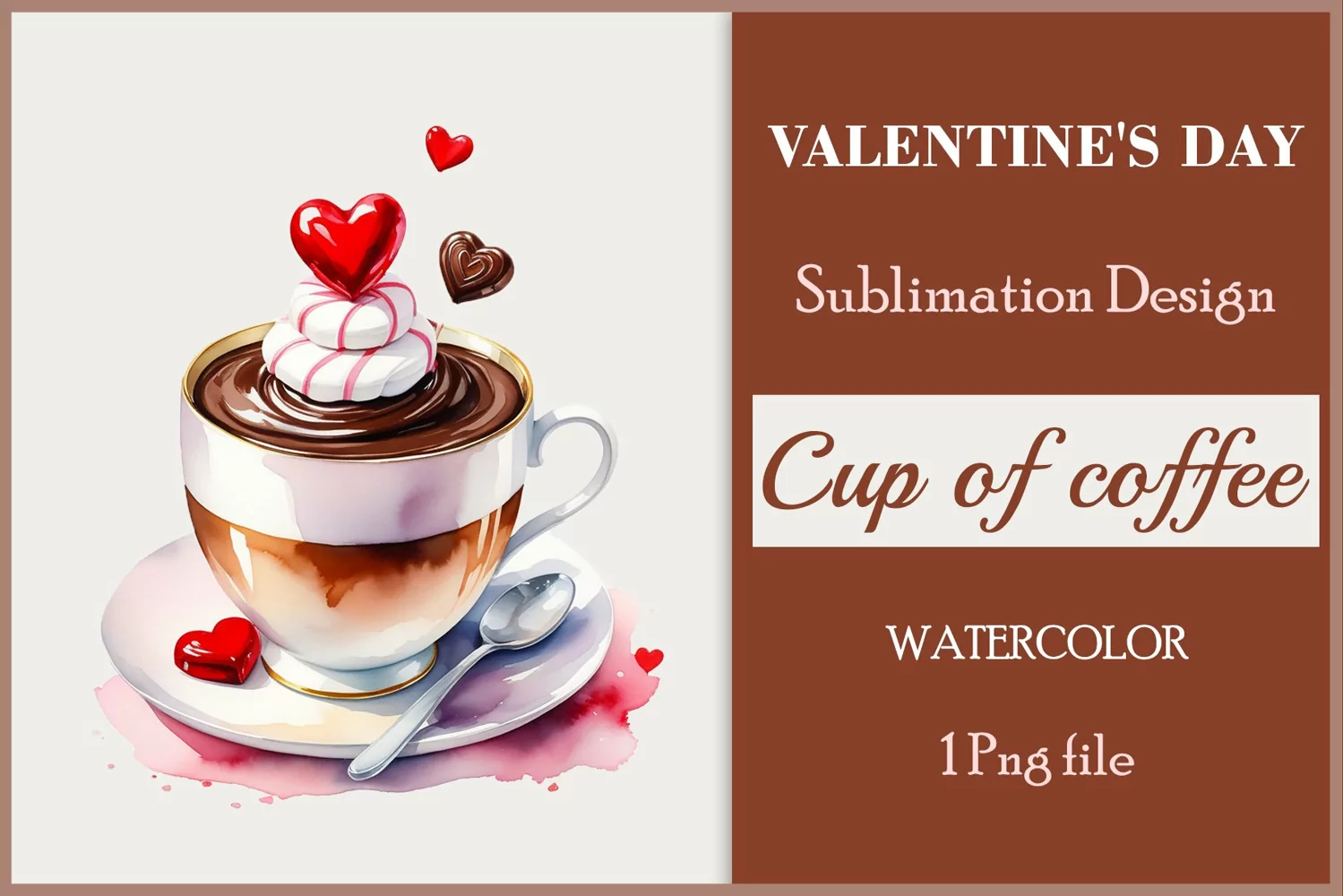 Watercolor clipart valentines day coffee mug or chocolate with hearts  on clear background. Romantic and flavorful illustration. High resolution and perfect quality for printing and sublimation