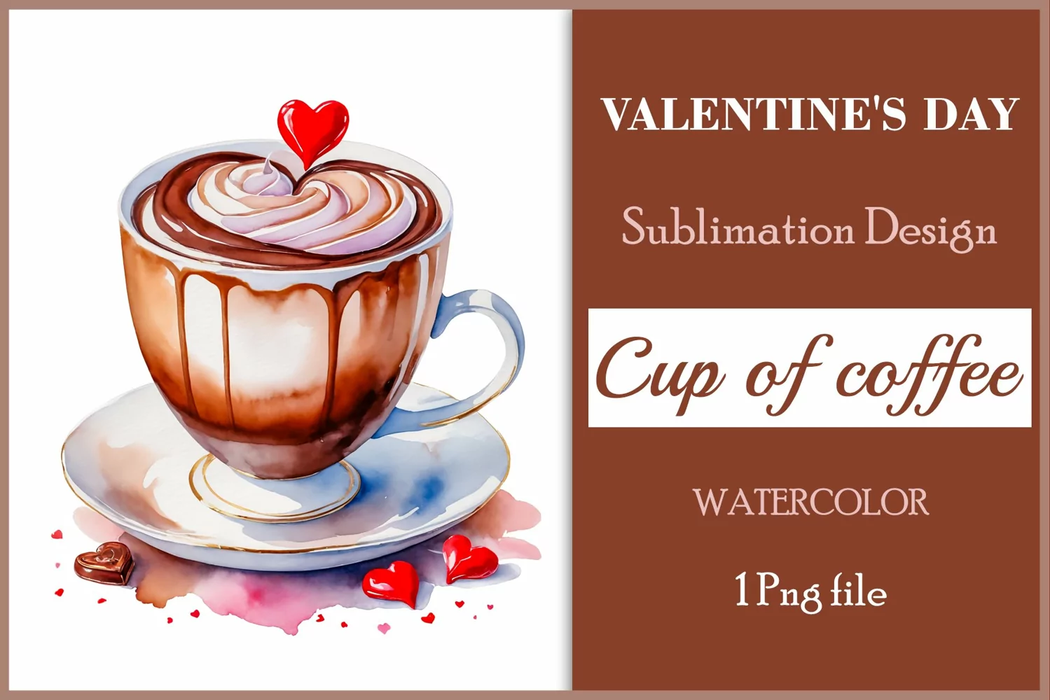 Watercolor clipart valentines day coffee mug or chocolate with hearts  on clear background. Romantic and flavorful illustration. High resolution and perfect quality for printing and sublimation.