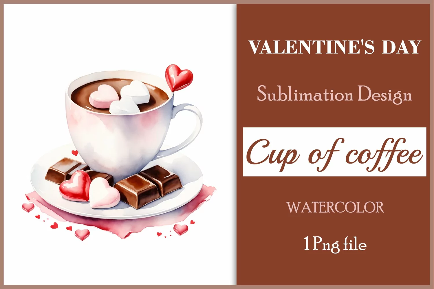 Watercolor clipart valentines day coffee mug or chocolate with hearts  on clear background. Romantic and flavorful illustration. High resolution and perfect quality for printing and sublimation.