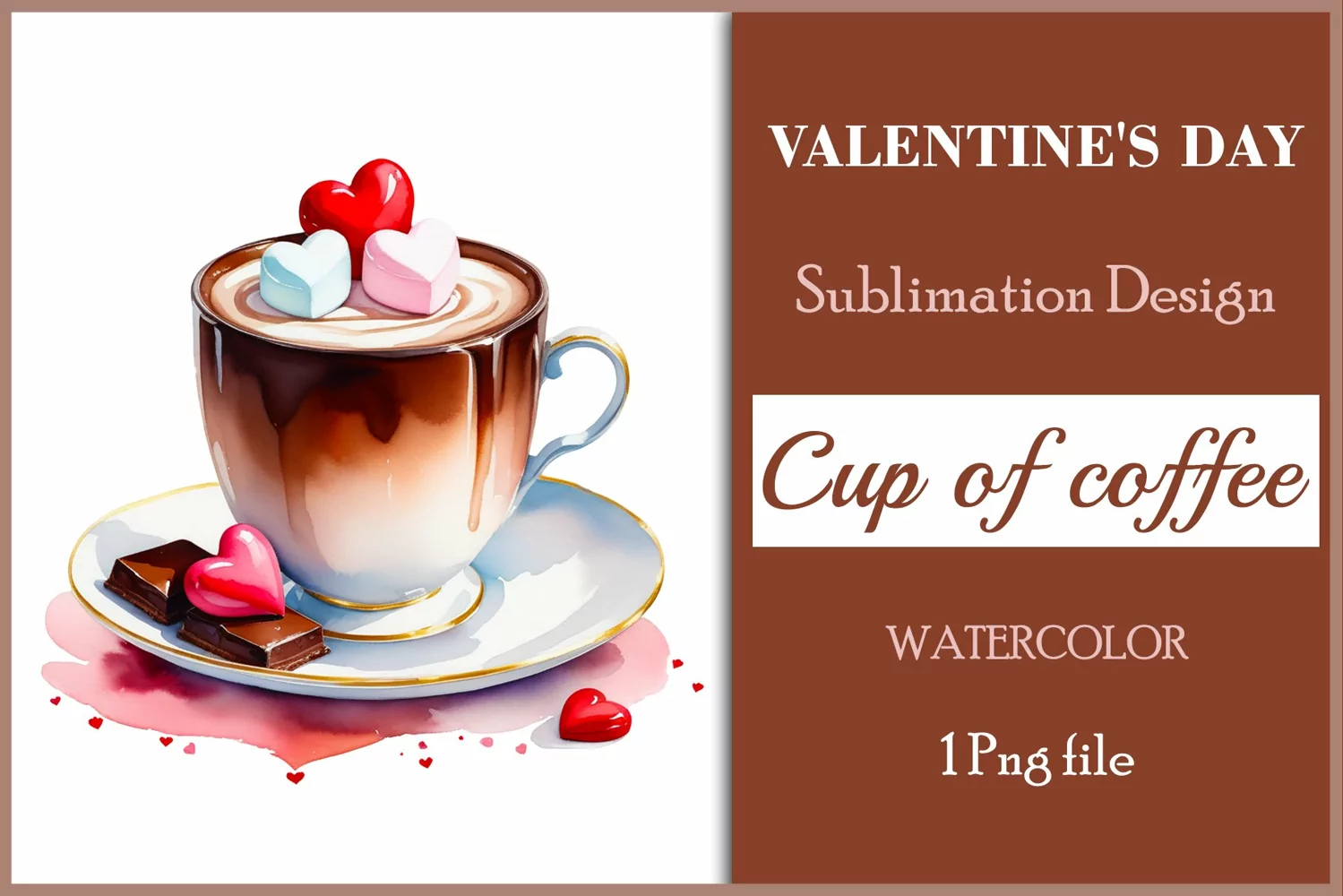 Watercolor clipart valentines day coffee mug or chocolate with hearts  on clear background. Romantic and flavorful illustration. High resolution and perfect quality for printing and sublimation.