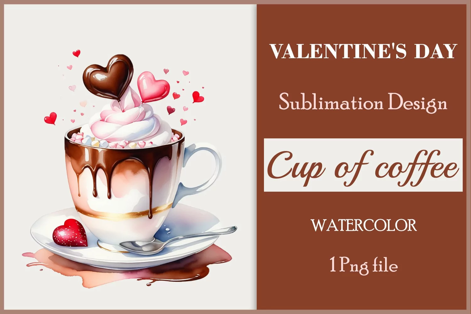 Watercolor clipart valentines day coffee mug or chocolate with hearts  on clear background. Romantic and flavorful illustration. High resolution and perfect quality for printing and sublimation.
