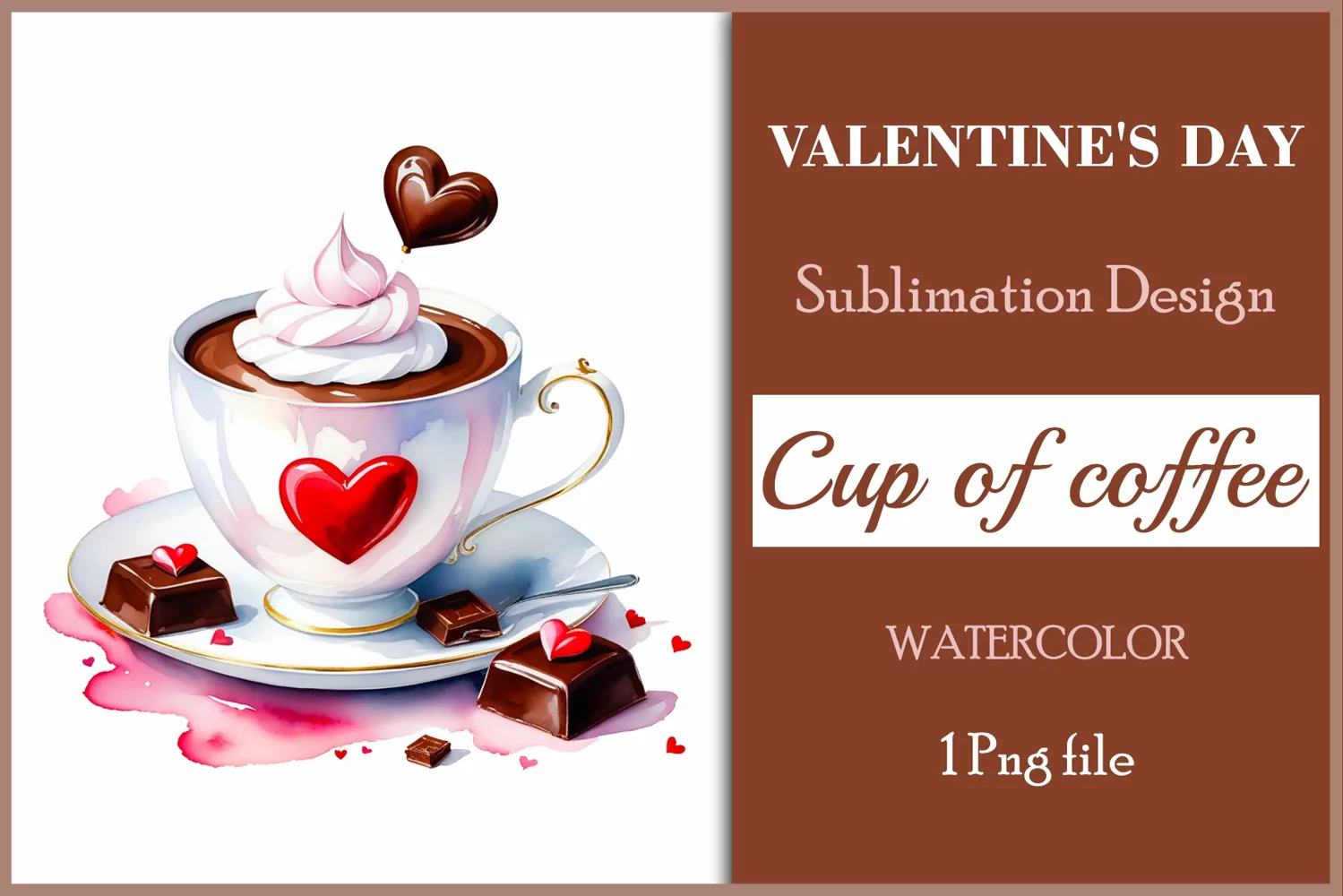 Watercolor clipart valentines day coffee mug or chocolate with hearts  on clear background. Romantic and flavorful illustration. High resolution and perfect quality for printing and sublimation.