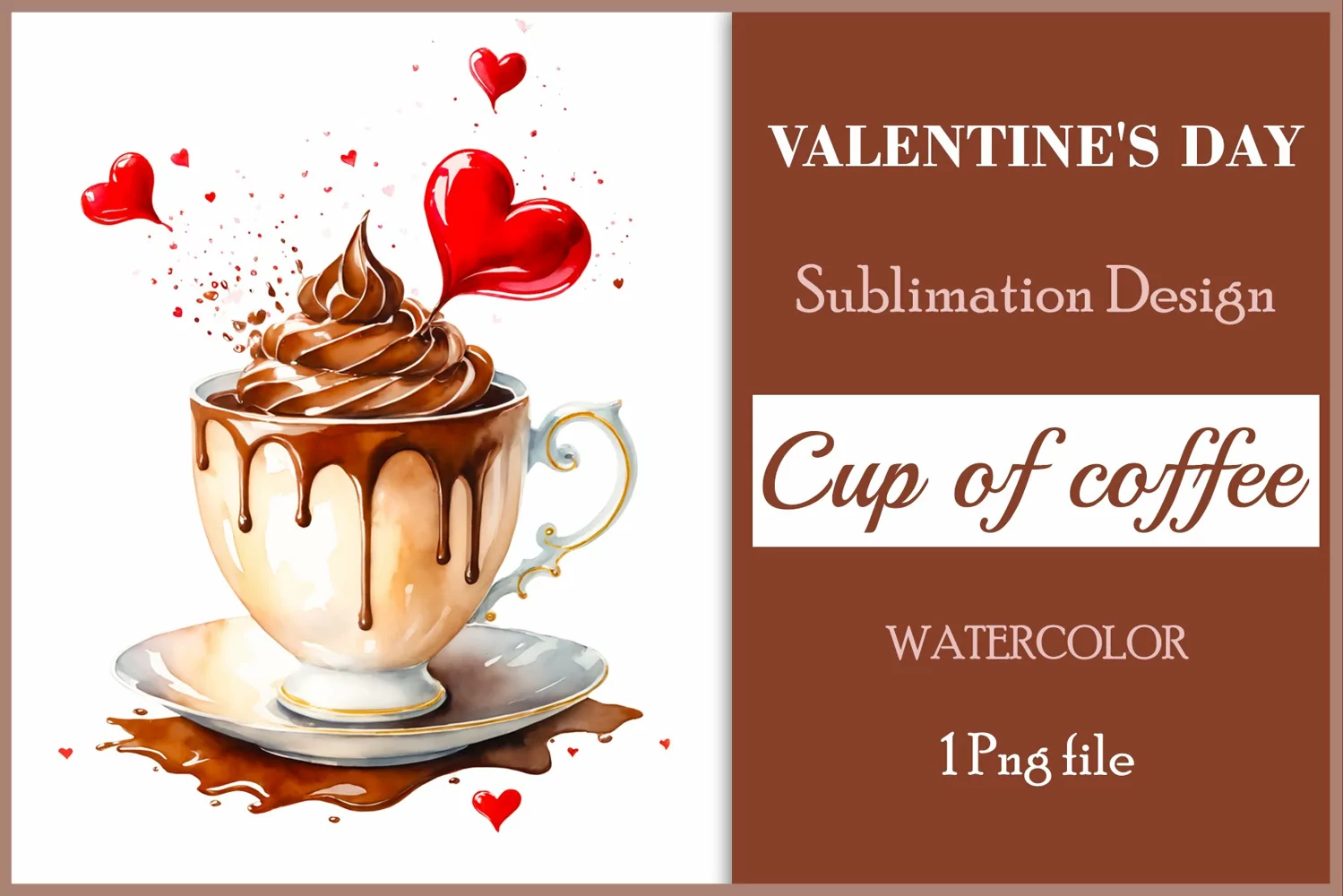 Watercolor clipart valentines day coffee mug or chocolate with hearts  on clear background. Romantic and flavorful illustration. High resolution and perfect quality for printing and sublimation.