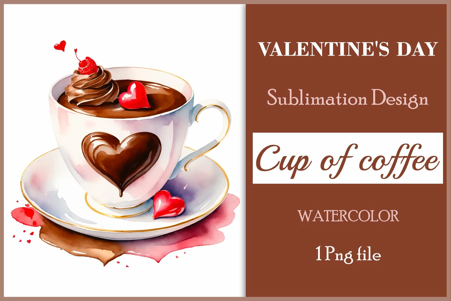 Watercolor clipart valentines day coffee mug or chocolate with hearts  on clear background. Romantic and flavorful illustration. High resolution and perfect quality for printing and sublimation.