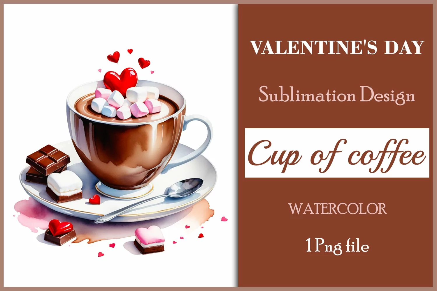 Watercolor clipart valentines day coffee mug or chocolate with hearts  on clear background. Romantic and flavorful illustration. High resolution and perfect quality for printing and sublimation.