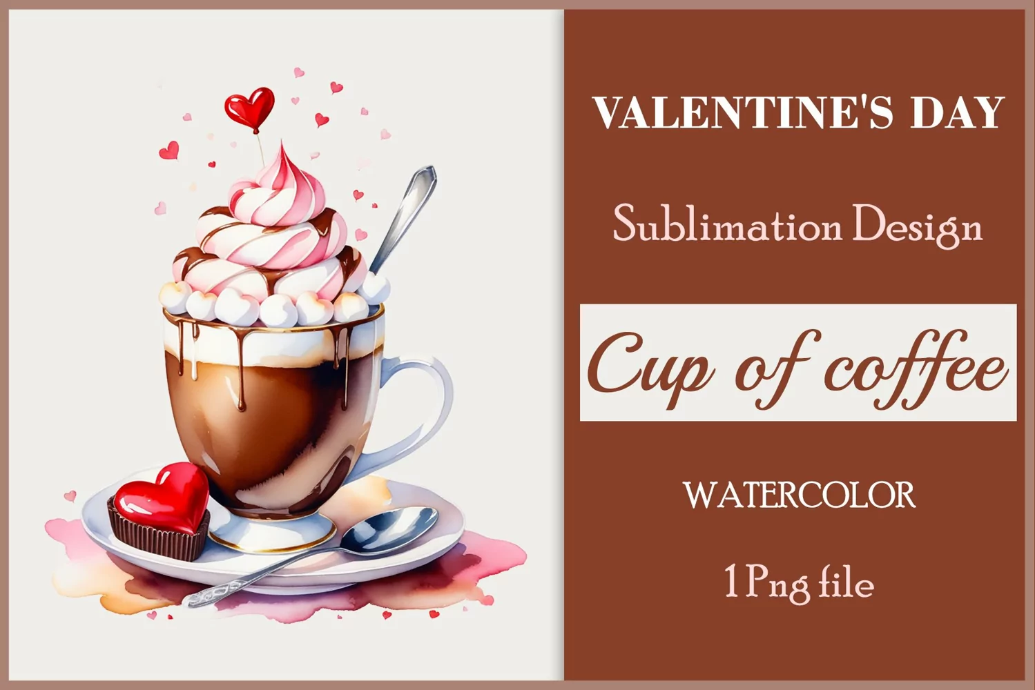 Watercolor clipart valentines day coffee mug or chocolate with hearts  on clear background. Romantic and flavorful illustration. High resolution and perfect quality for printing and sublimation.
