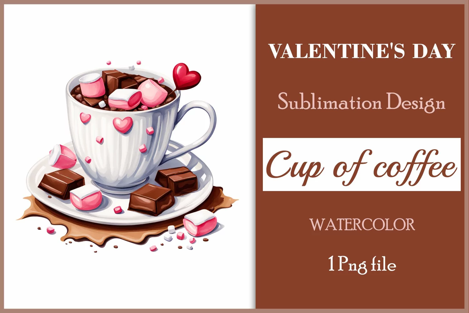 Watercolor clipart valentines day coffee mug or chocolate with hearts  on clear background. Romantic and flavorful illustration. High resolution and perfect quality for printing and sublimation.