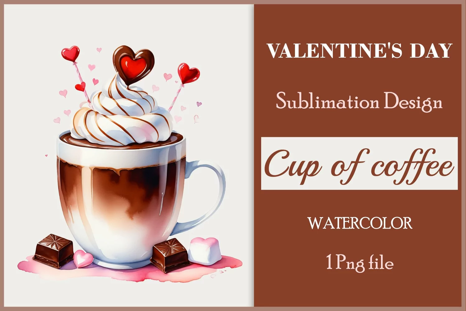Watercolor clipart valentines day coffee mug or chocolate with hearts  on clear background. Romantic and flavorful illustration. High resolution and perfect quality for printing and sublimation.