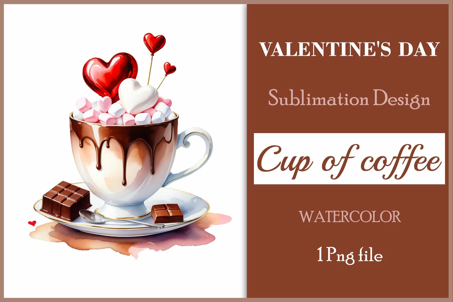 Watercolor clipart valentines day coffee mug or chocolate with hearts  on clear background. Romantic and flavorful illustration. High resolution and perfect quality for printing and sublimation.